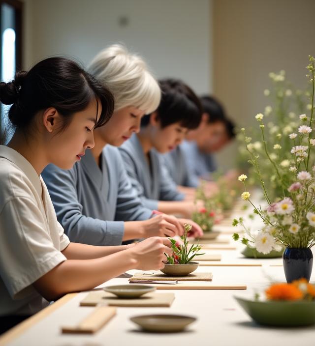 ワークショップで熱心に生け花を学ぶ参加者たち